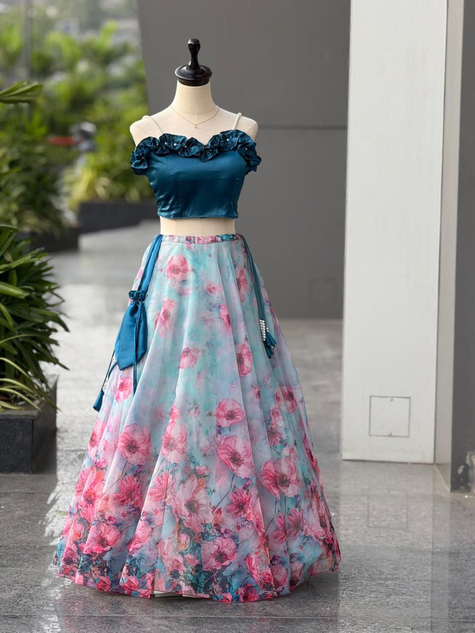 Wedding Wear Sky Blue Color Fully Stitched Lehenga Set With Batwa Bag