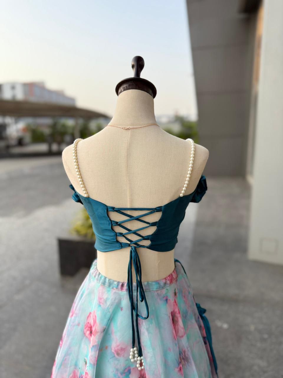 Wedding Wear Sky Blue Color Fully Stitched Lehenga Set With Batwa Bag