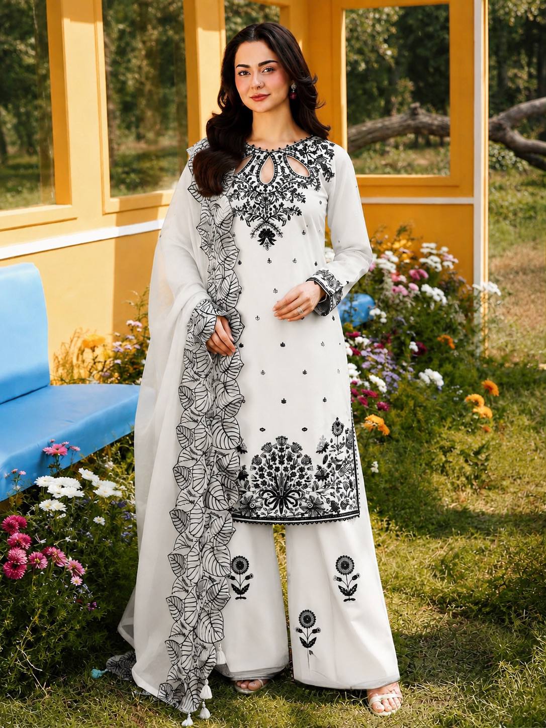 Stylish White Color Embroidered Work Palazzo Suit