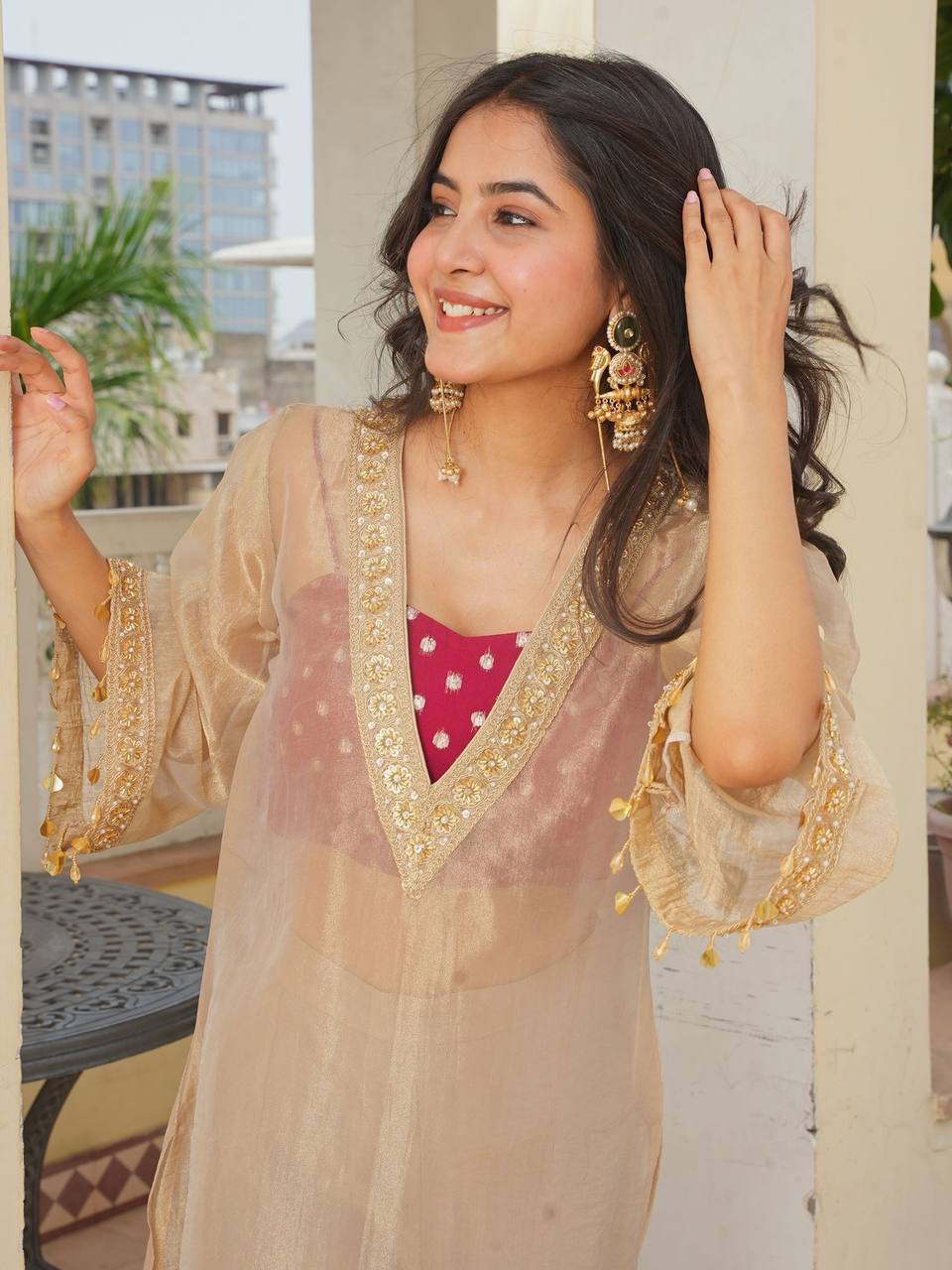 Wedding Wear Cream Golden Tissue Embroidered Kurta Palazzo Set