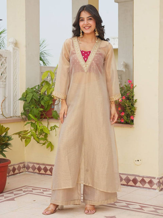 Wedding Wear Cream Golden Tissue Embroidered Kurta Palazzo Set