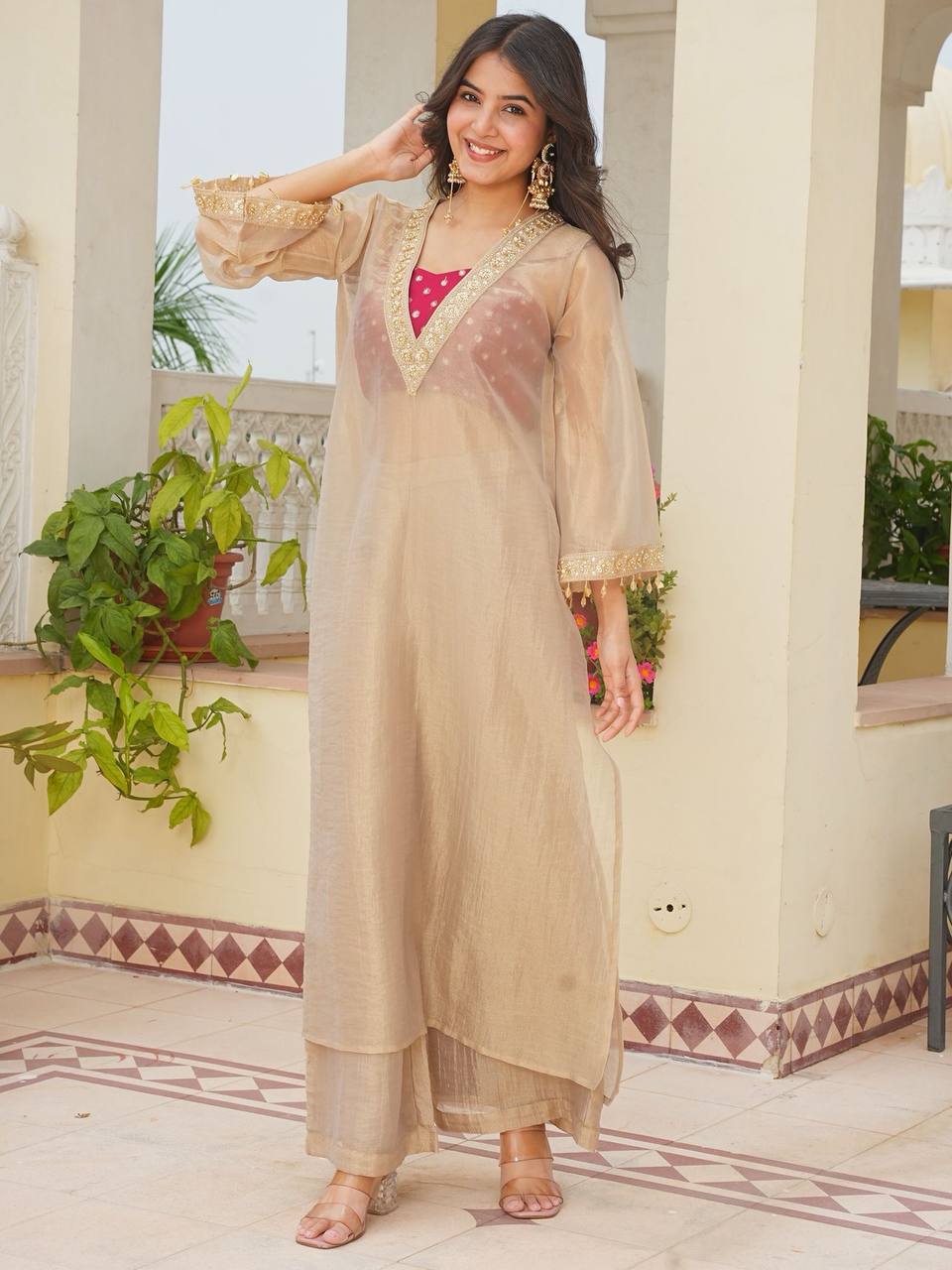 Wedding Wear Cream Golden Tissue Embroidered Kurta Palazzo Set