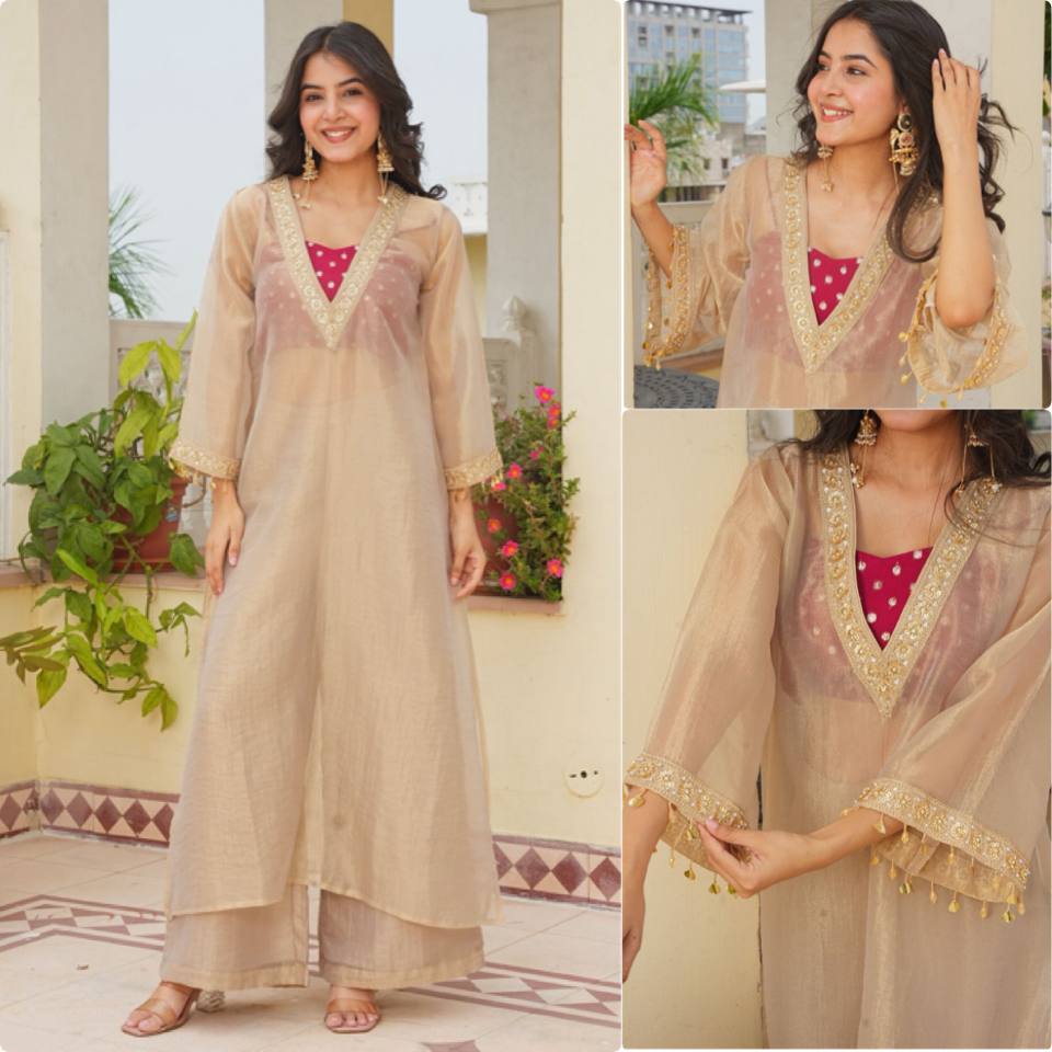 Wedding Wear Cream Golden Tissue Embroidered Kurta Palazzo Set