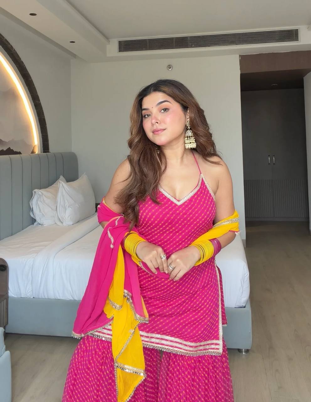 Neha's Pink Color Georgette Digital Print Real Mirror Work Sharara Suit