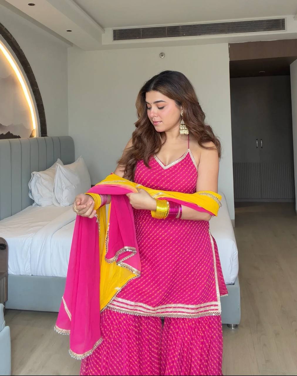 Neha's Pink Color Georgette Digital Print Real Mirror Work Sharara Suit