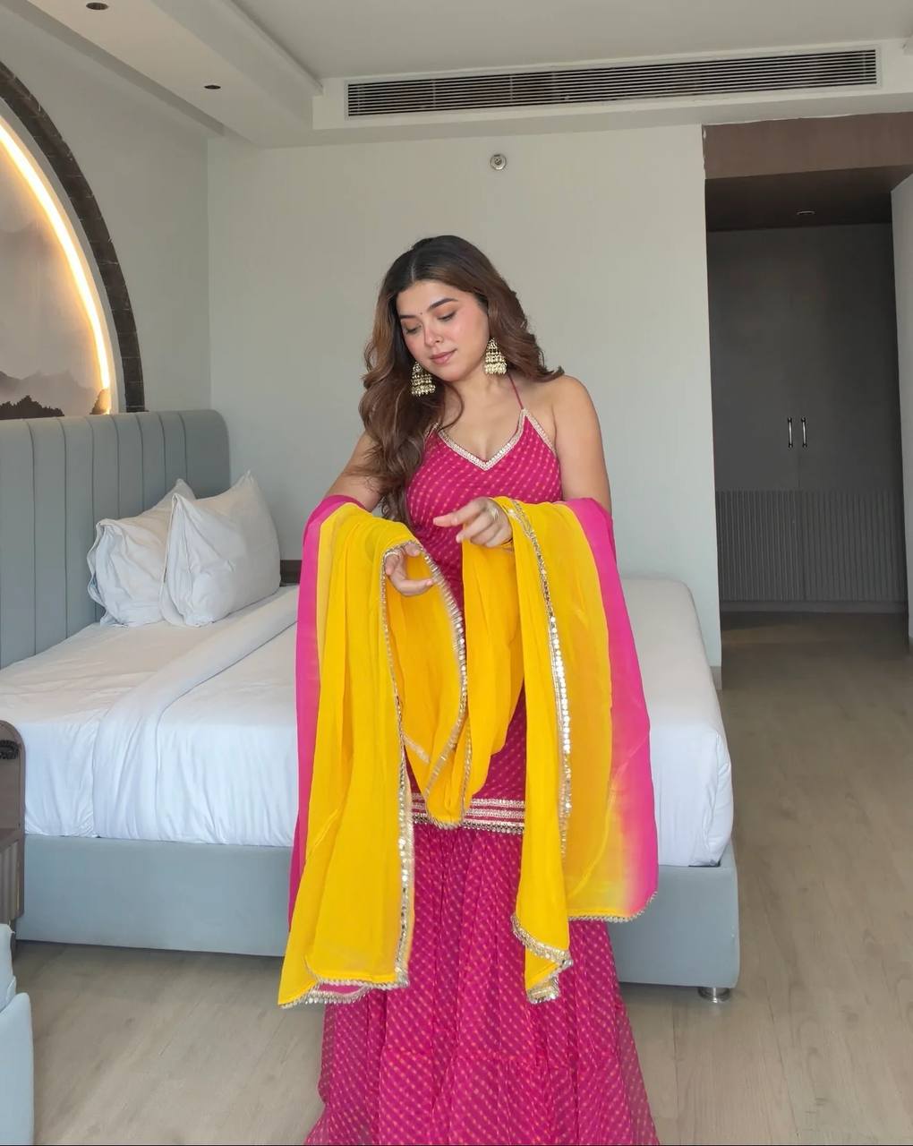 Neha's Pink Color Georgette Digital Print Real Mirror Work Sharara Suit