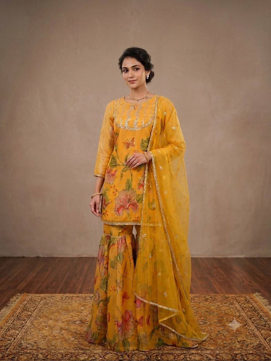 Haldi Special Wear Yellow Organza Embroidery Work Sharara Suit