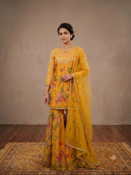 Haldi Special Wear Yellow Organza Embroidery Work Sharara Suit