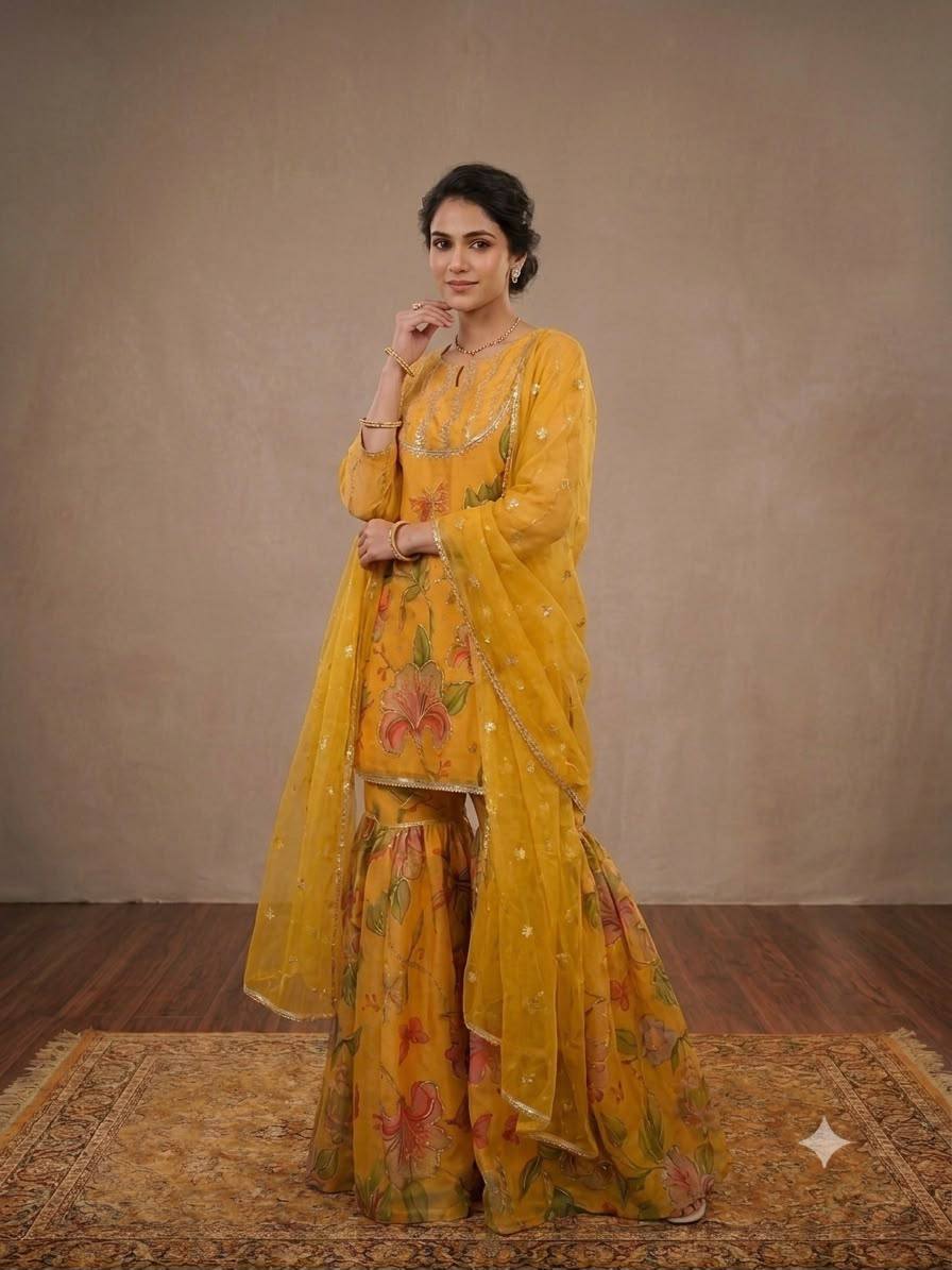 Haldi Special Wear Yellow Organza Embroidery Work Sharara Suit