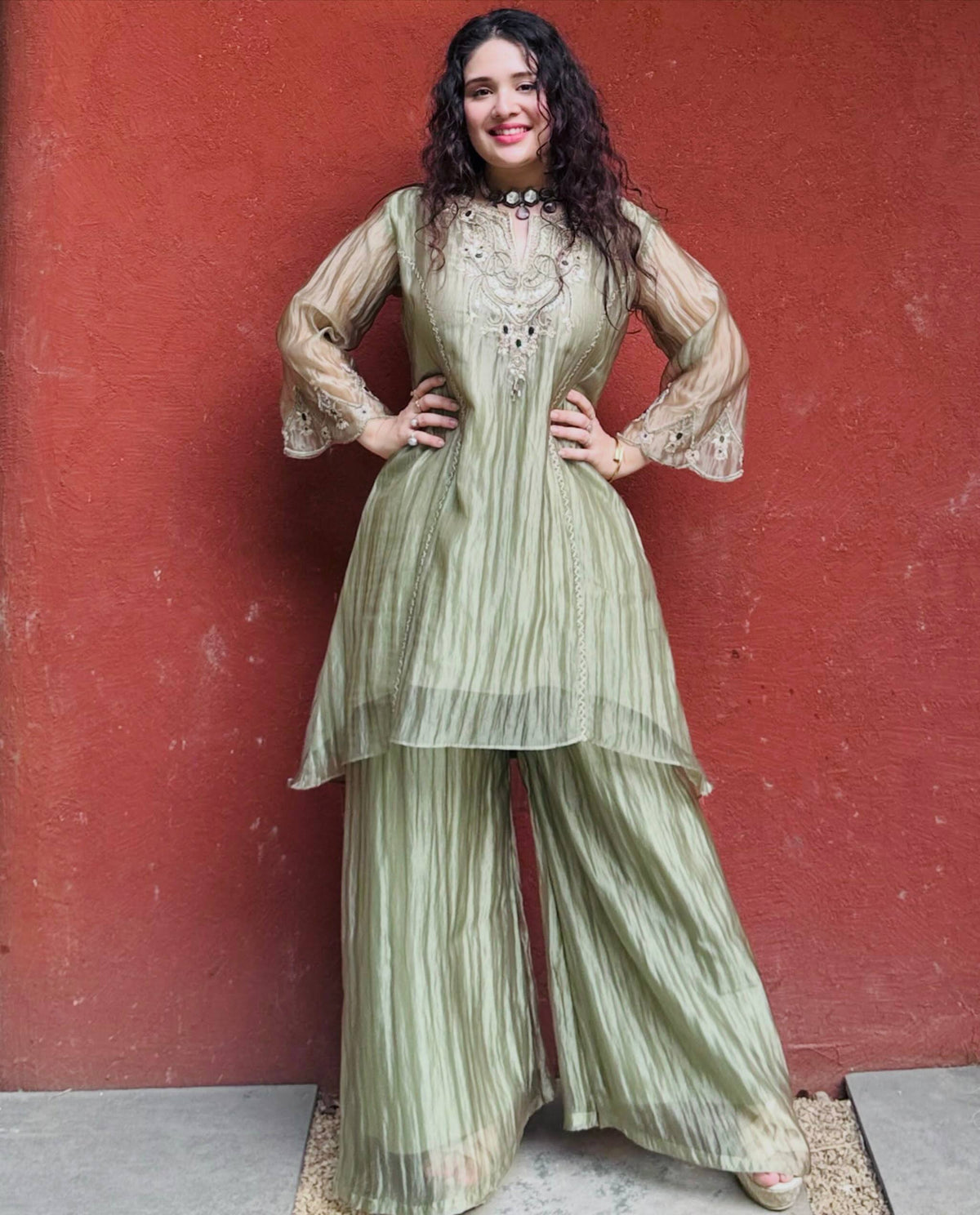 Designer Green Color Salsa Silk Embroidery Sharara Plazzo