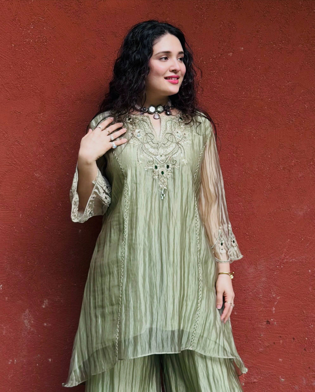 Designer Green Color Salsa Silk Embroidery Sharara Plazzo