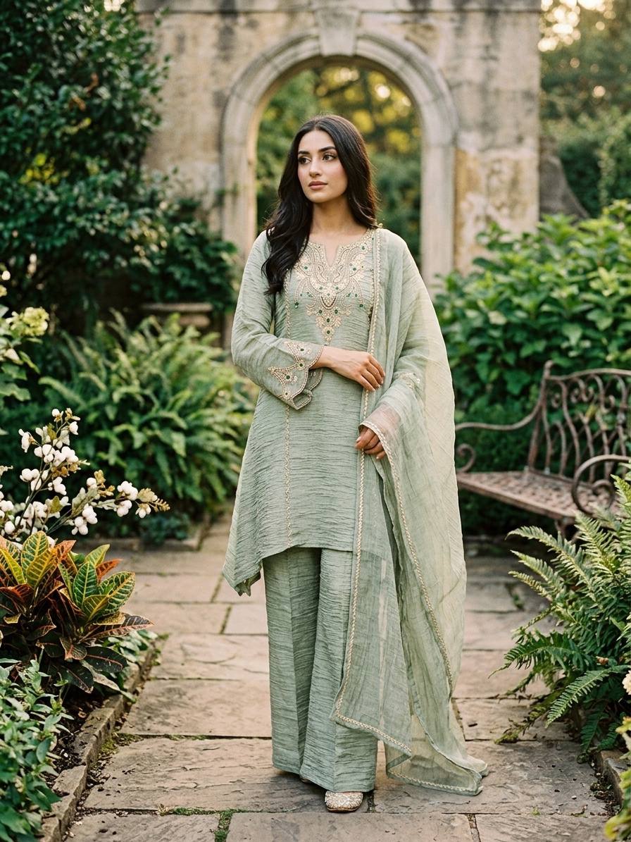 Designer Green Color Salsa Silk Embroidery Sharara Plazzo