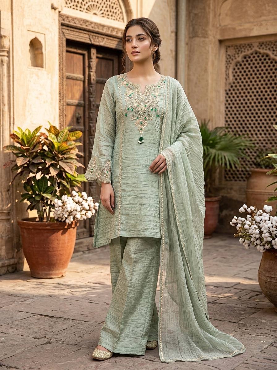 Designer Green Color Salsa Silk Embroidery Sharara Plazzo