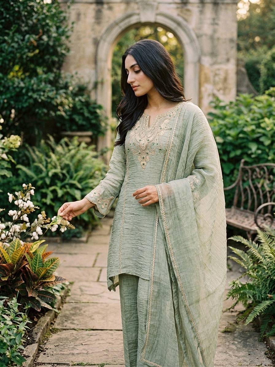 Designer Green Color Salsa Silk Embroidery Sharara Plazzo