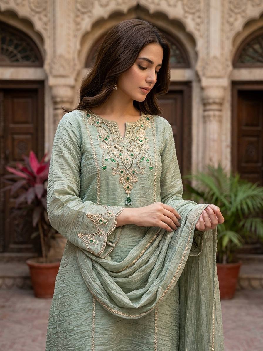 Designer Green Color Salsa Silk Embroidery Sharara Plazzo