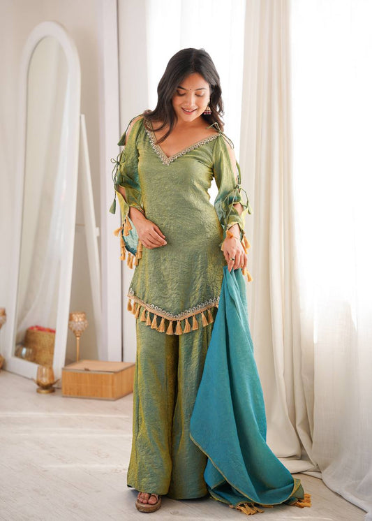 Arti Chauhan Wear Green Color Mirror Work Wedding Palazzo Suit