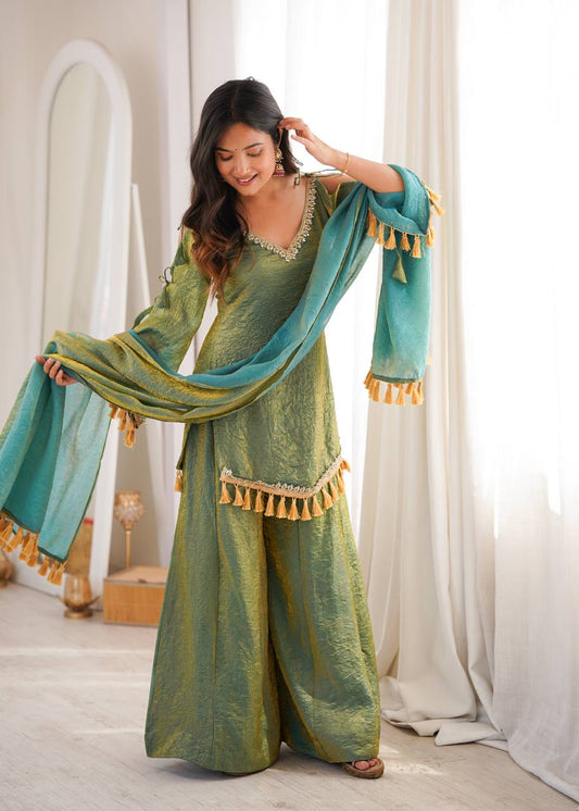 Arti Chauhan Wear Green Color Mirror Work Wedding Palazzo Suit