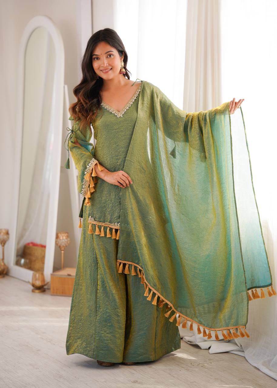 Arti Chauhan Wear Green Color Mirror Work Wedding Palazzo Suit