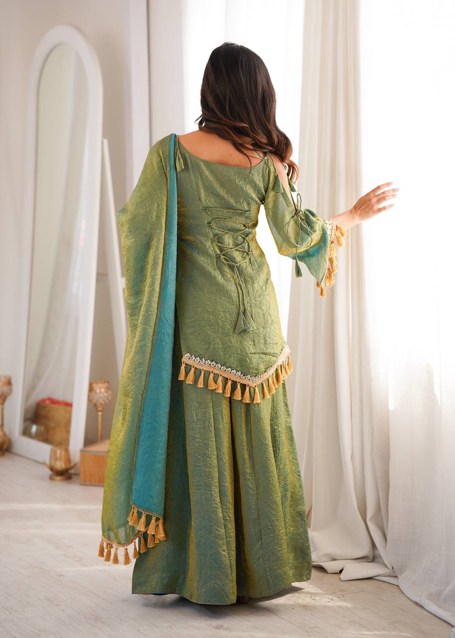 Arti Chauhan Wear Green Color Mirror Work Wedding Palazzo Suit