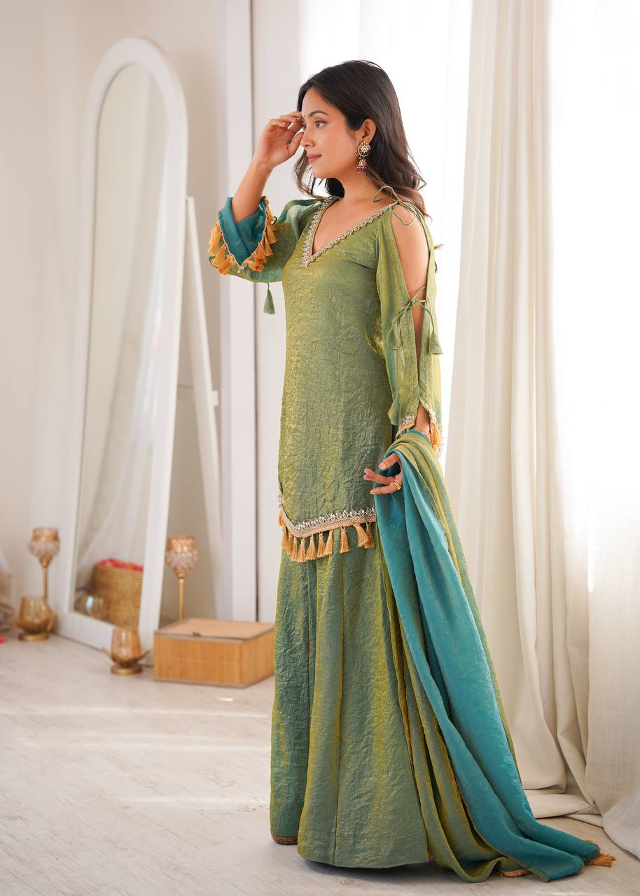 Arti Chauhan Wear Green Color Mirror Work Wedding Palazzo Suit
