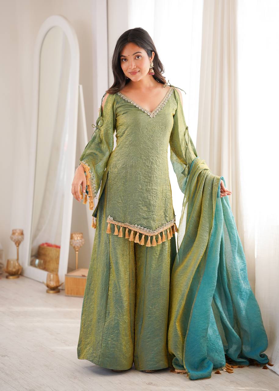 Arti Chauhan Wear Green Color Mirror Work Wedding Palazzo Suit