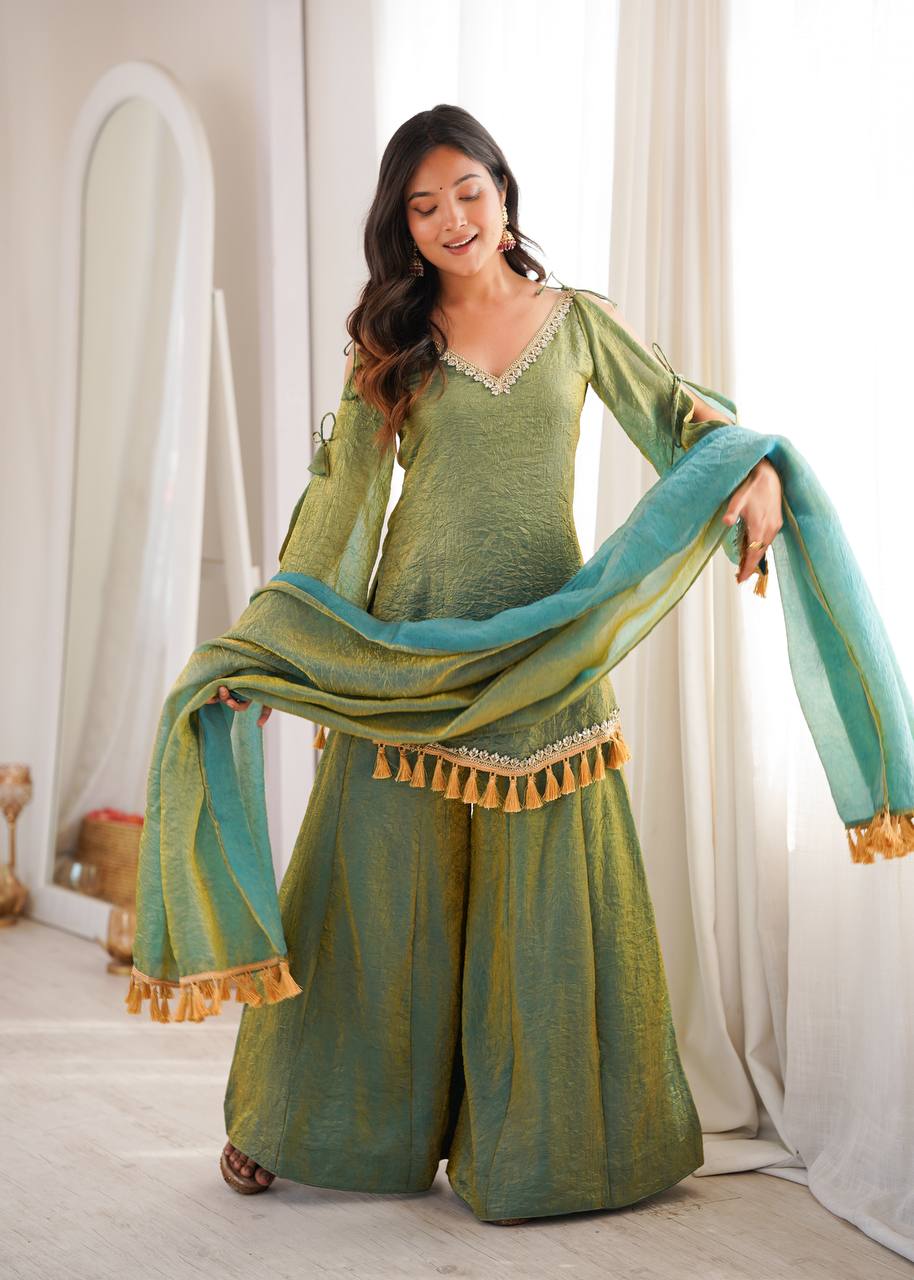 Arti Chauhan Wear Green Color Mirror Work Wedding Palazzo Suit
