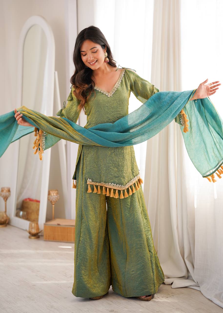 Arti Chauhan Wear Green Color Mirror Work Wedding Palazzo Suit