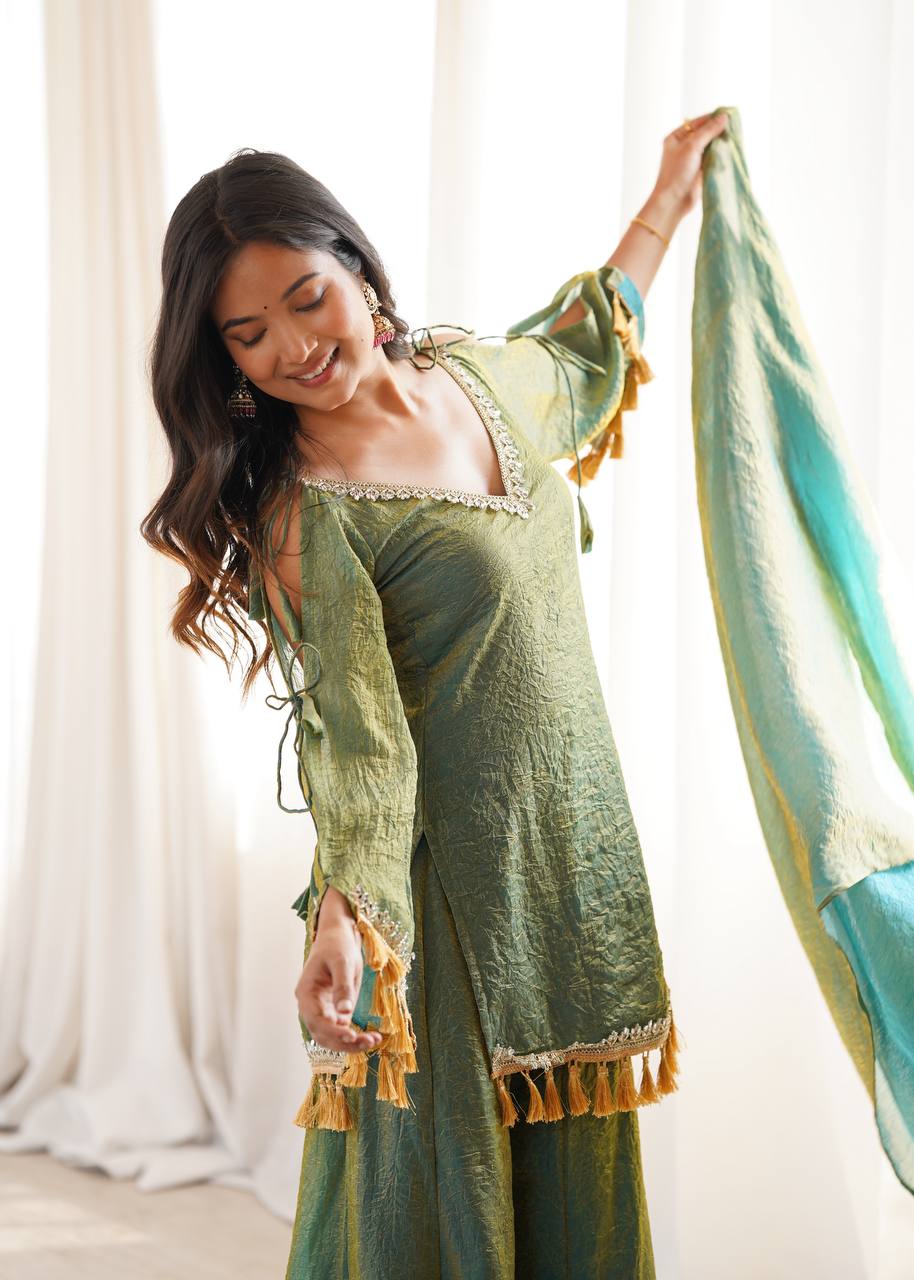 Arti Chauhan Wear Green Color Mirror Work Wedding Palazzo Suit
