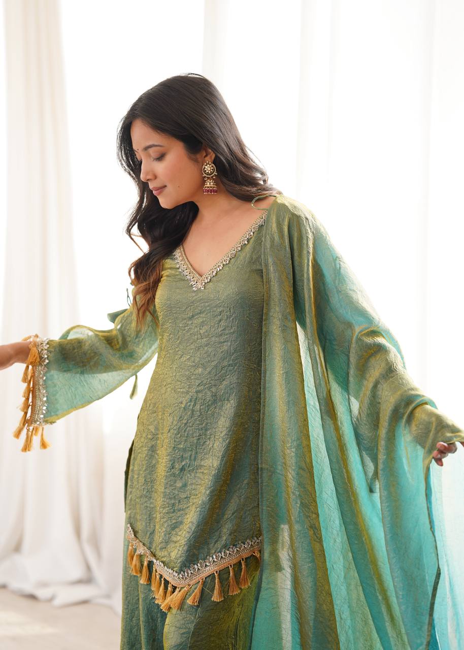 Arti Chauhan Wear Green Color Mirror Work Wedding Palazzo Suit