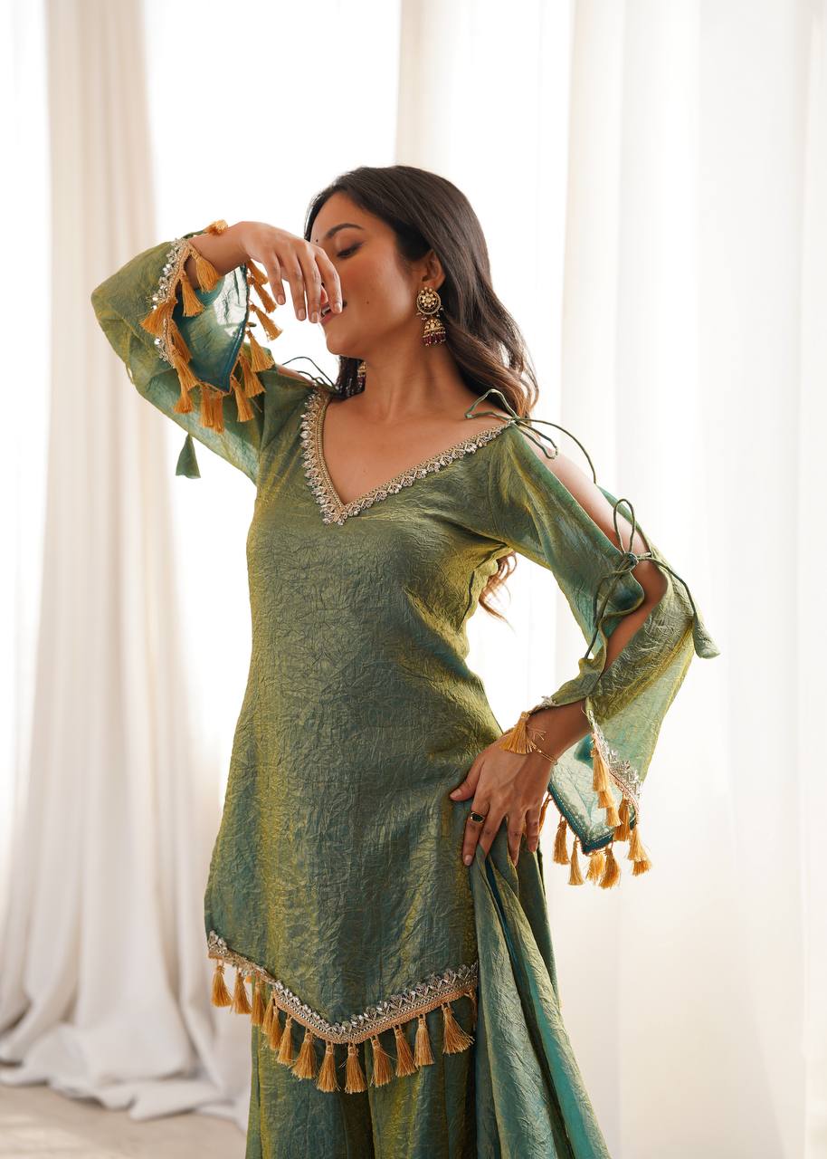 Arti Chauhan Wear Green Color Mirror Work Wedding Palazzo Suit