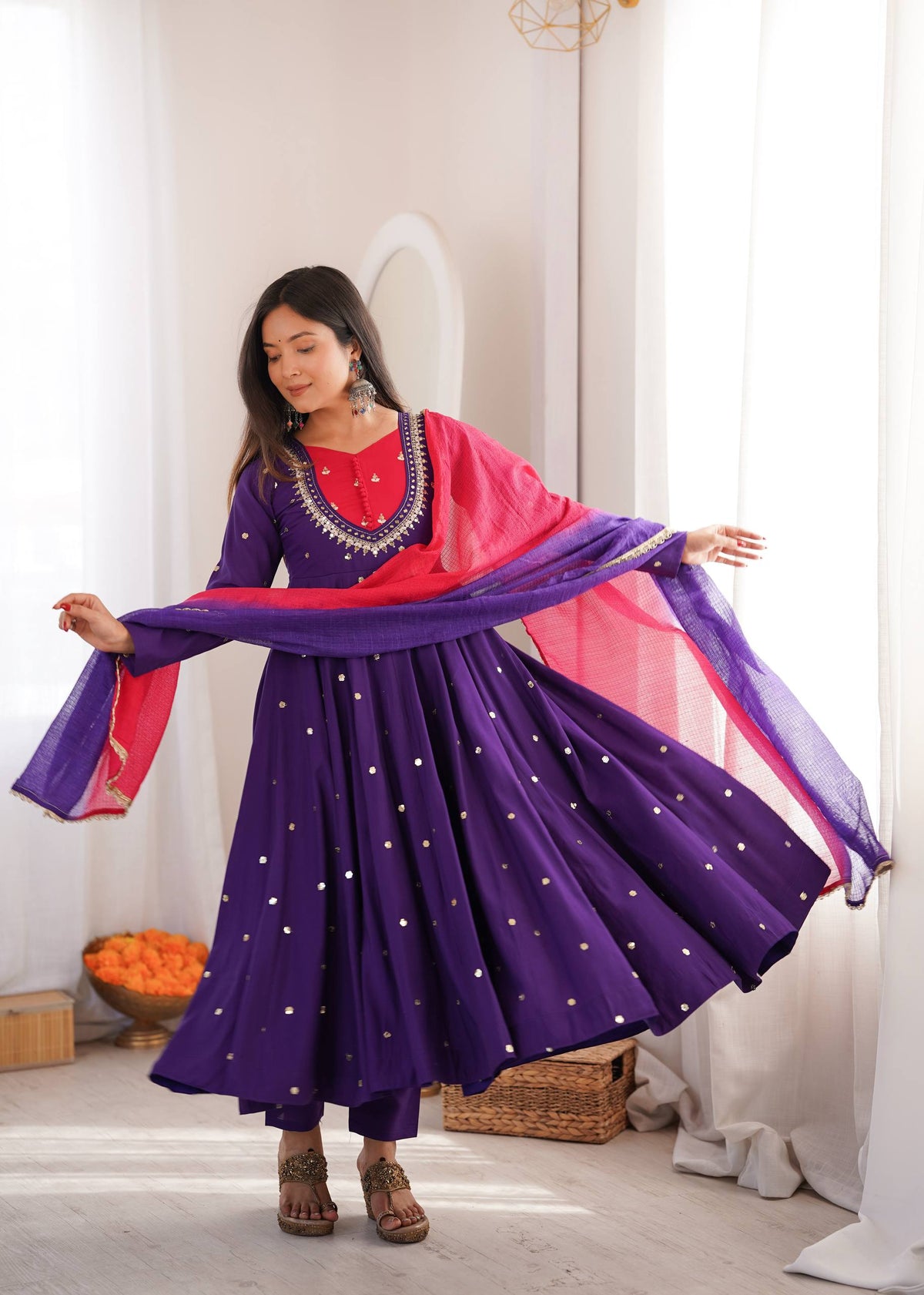 Purple Embroidery With Real Mirror Work Arti Chauan Anarkali Suit