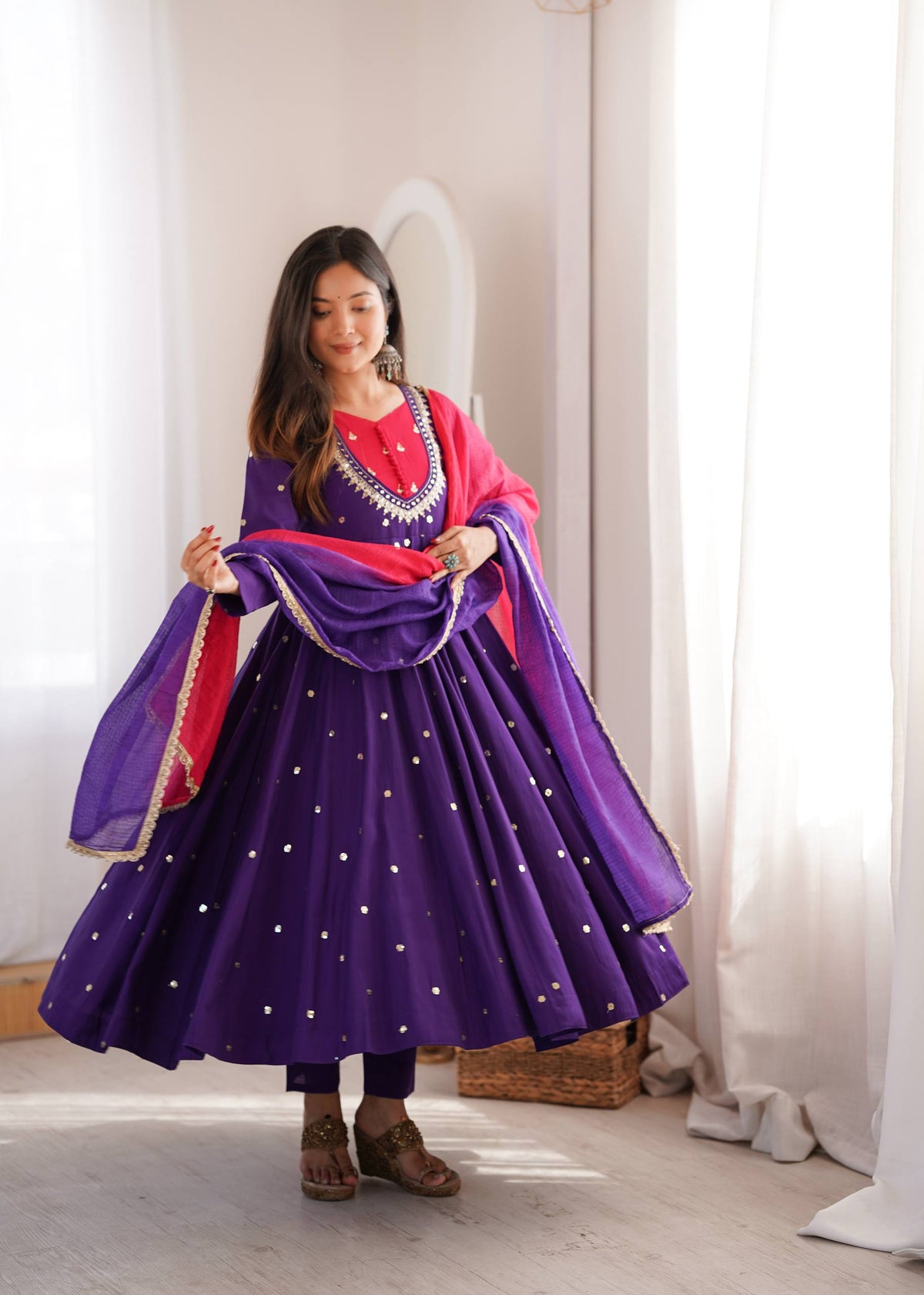 Purple Embroidery With Real Mirror Work Arti Chauan Anarkali Suit