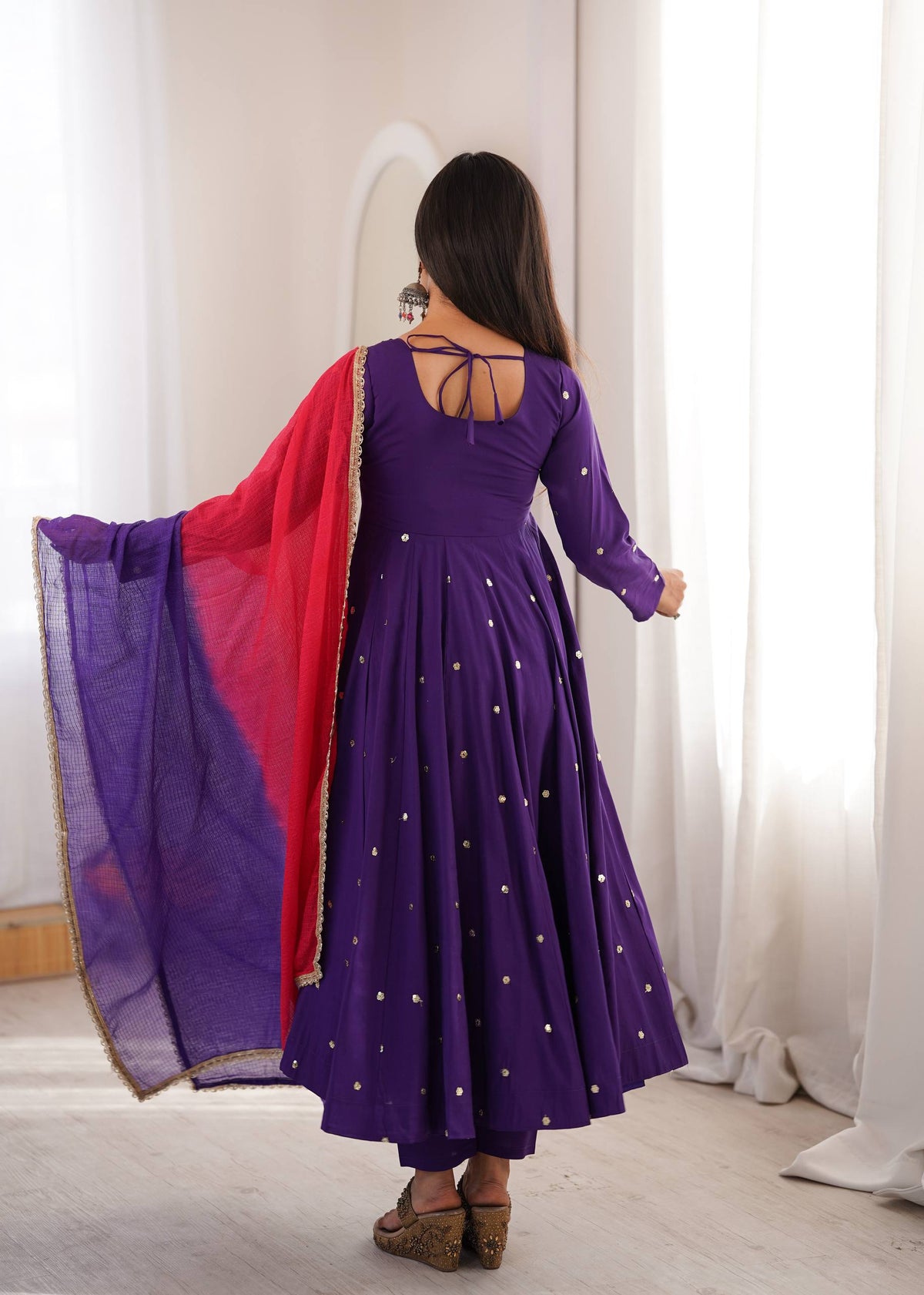 Purple Embroidery With Real Mirror Work Arti Chauan Anarkali Suit