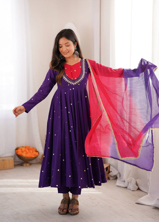 Purple Embroidery With Real Mirror Work Arti Chauan Anarkali Suit
