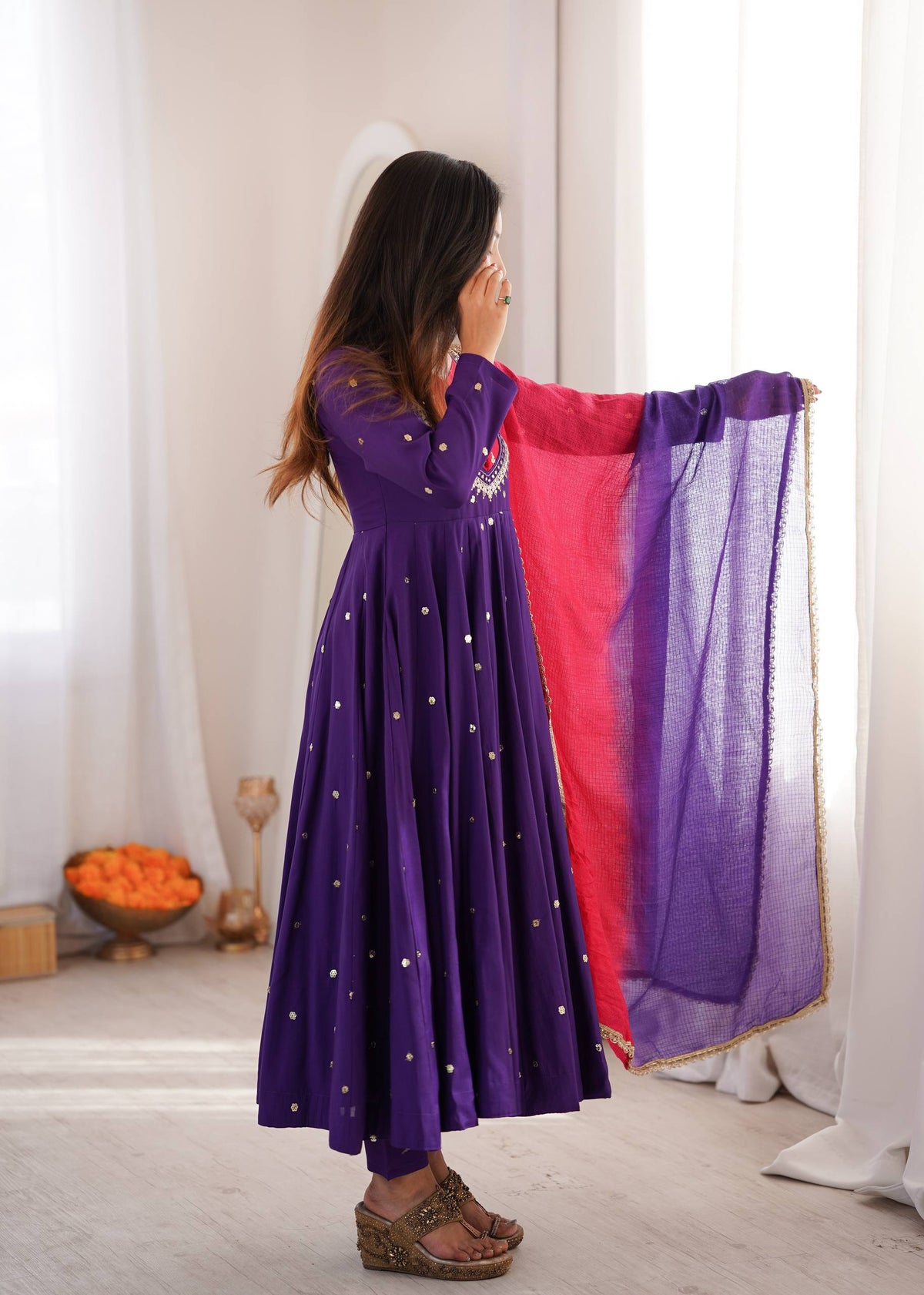 Purple Embroidery With Real Mirror Work Arti Chauan Anarkali Suit
