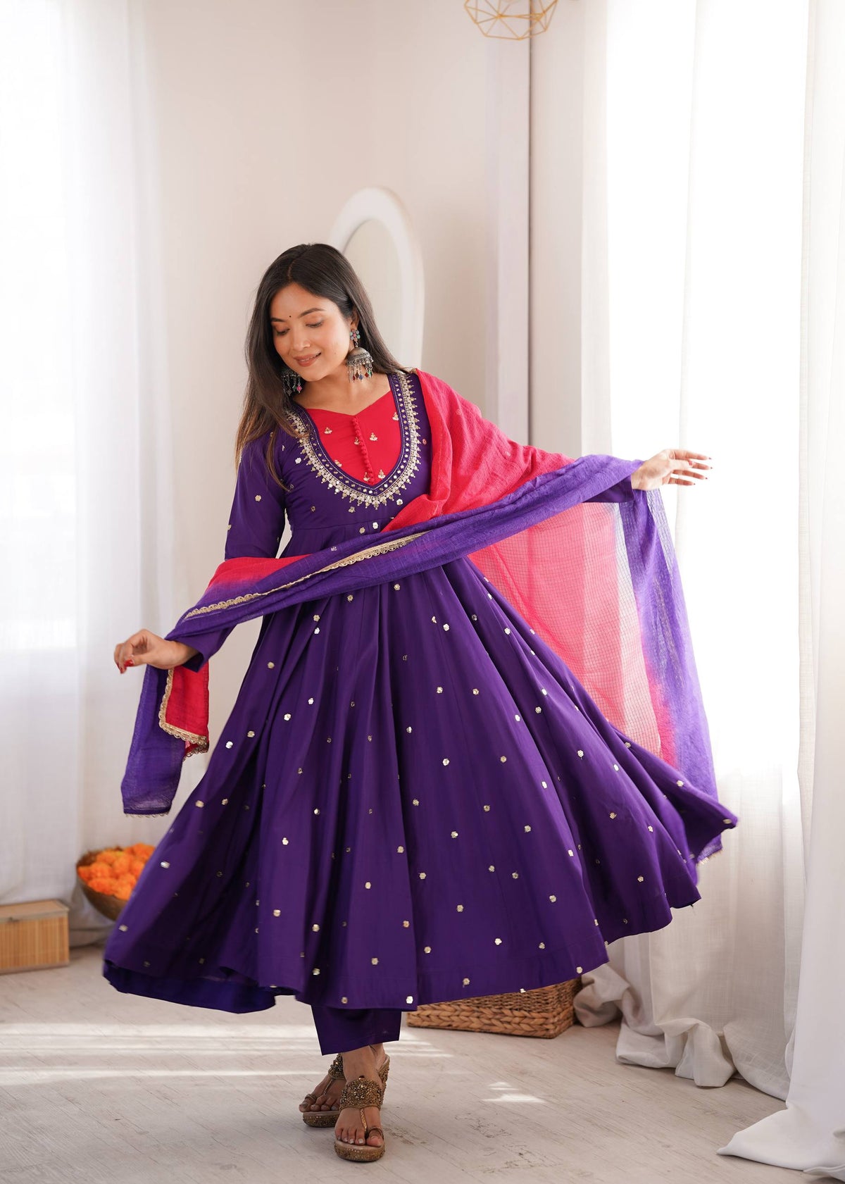 Purple Embroidery With Real Mirror Work Arti Chauan Anarkali Suit