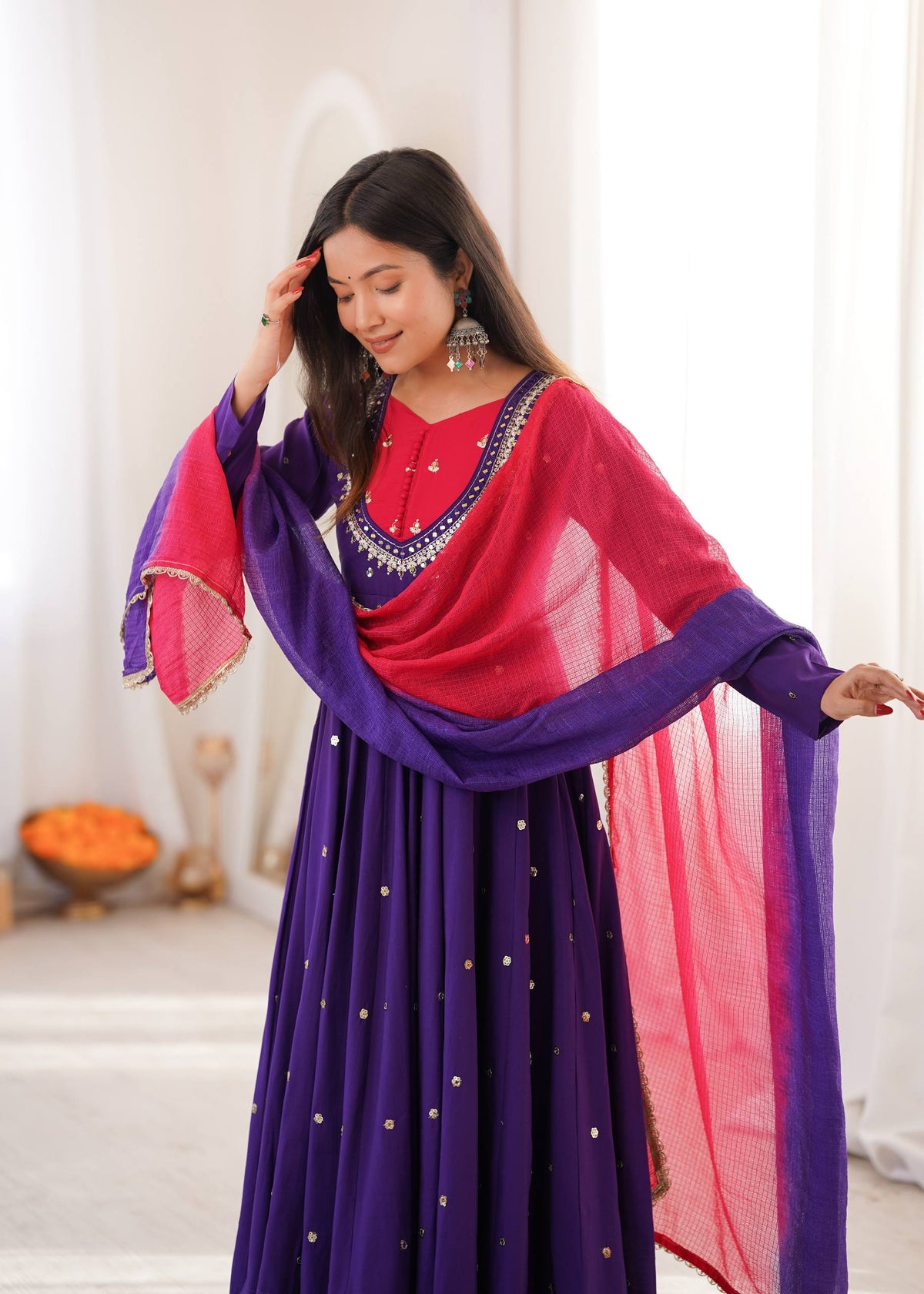 Purple Embroidery With Real Mirror Work Arti Chauan Anarkali Suit