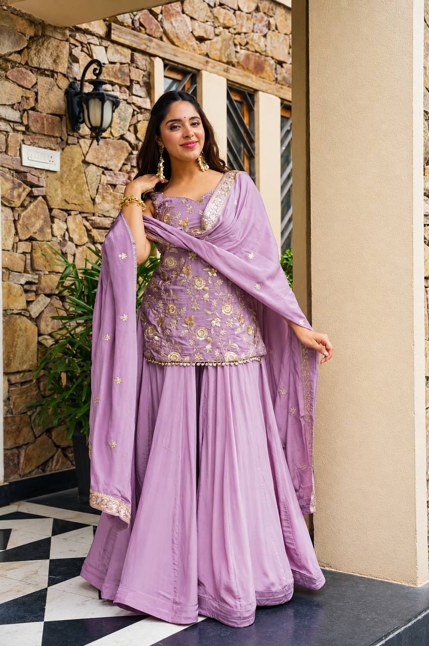 Wedding Wear Lavender Color Designer Sequins Zari And Thread Work Sharara Suit