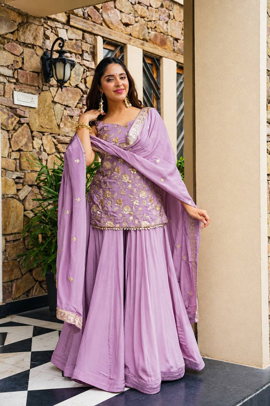 Wedding Wear Lavender Color Designer Sequins Zari And Thread Work Sharara Suit