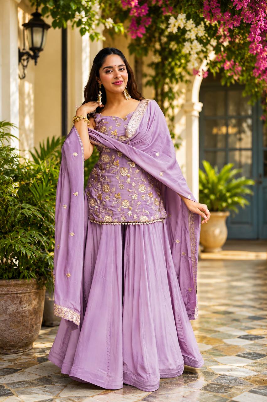Wedding Wear Lavender Color Designer Sequins Zari And Thread Work Sharara Suit