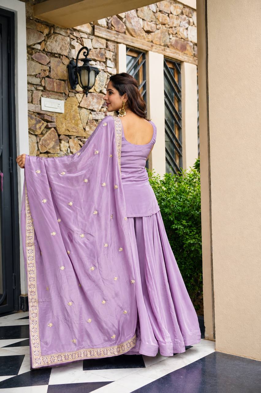 Wedding Wear Lavender Color Designer Sequins Zari And Thread Work Sharara Suit