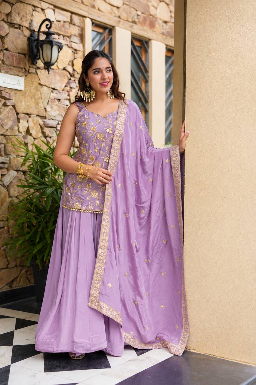 Wedding Wear Lavender Color Designer Sequins Zari And Thread Work Sharara Suit