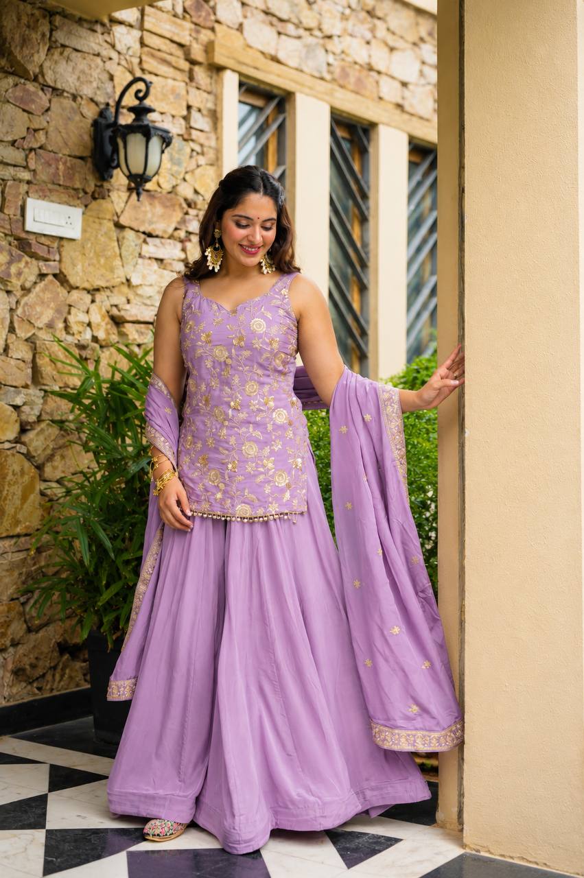 Wedding Wear Lavender Color Designer Sequins Zari And Thread Work Sharara Suit