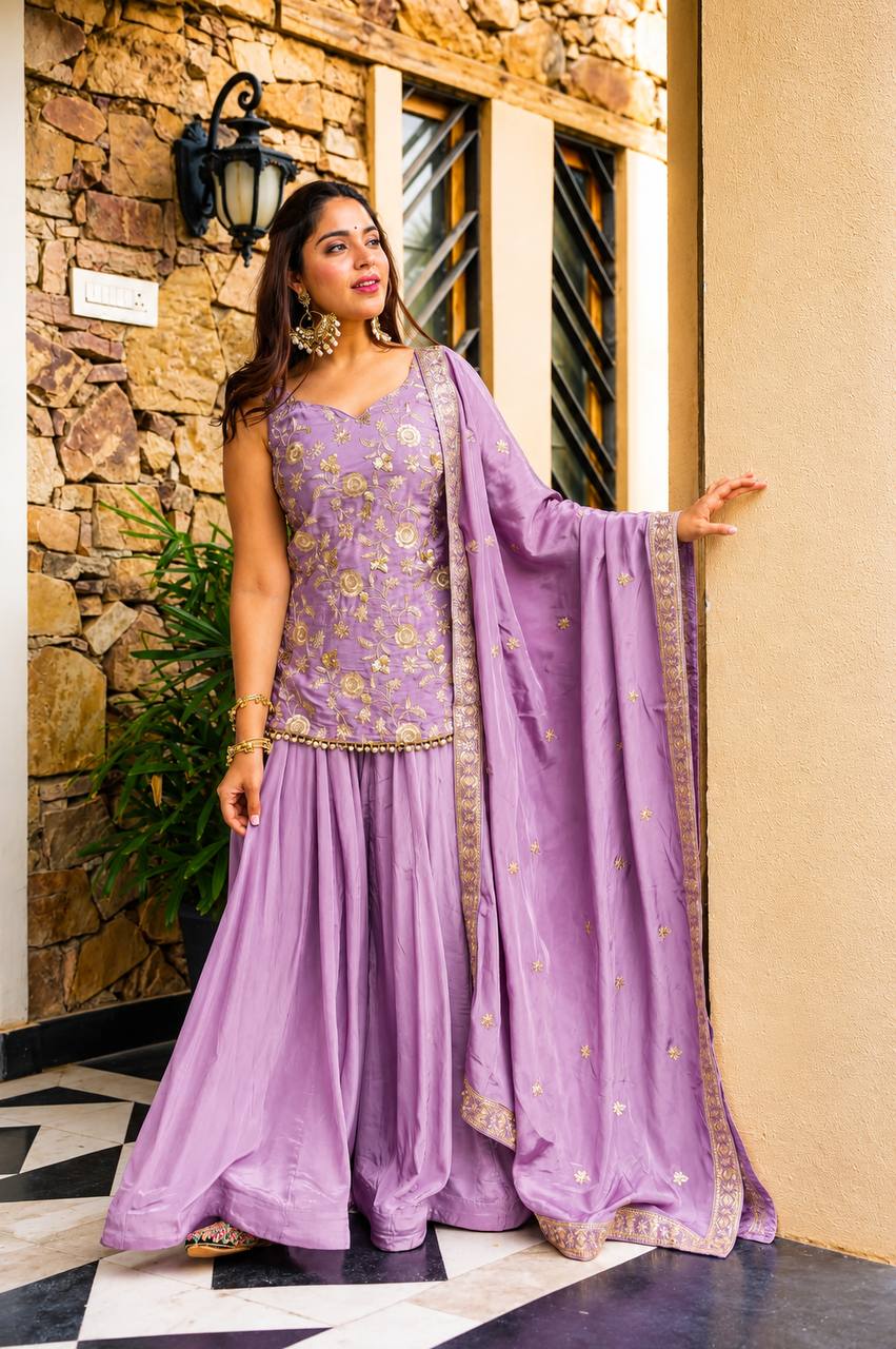 Wedding Wear Lavender Color Designer Sequins Zari And Thread Work Sharara Suit