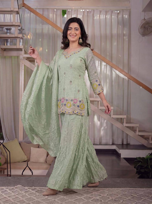Party Wear Light Green Color Sequin Embroidered Sharara Palazzo Set