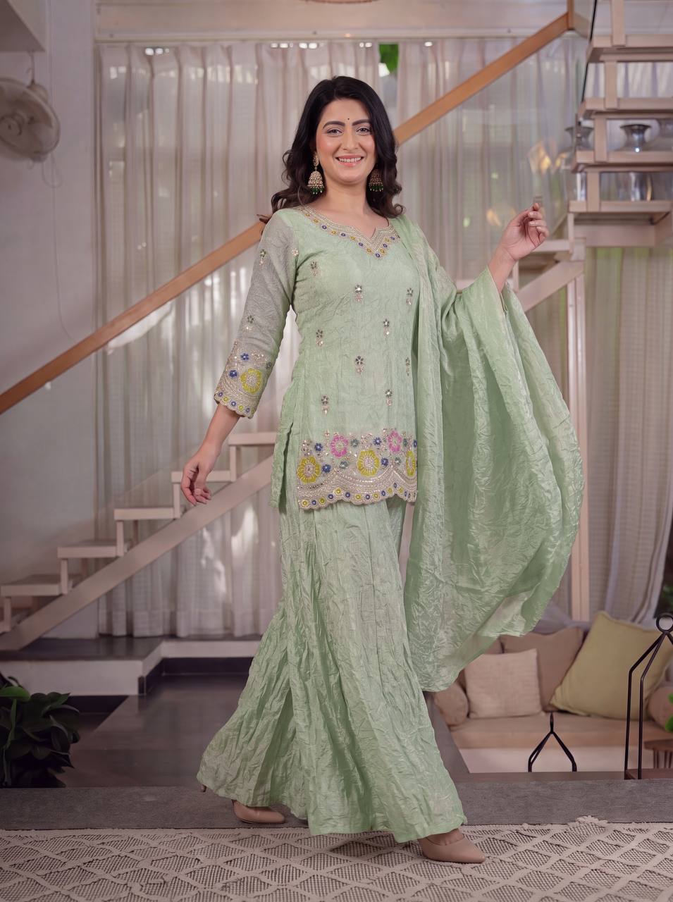 Party Wear Light Green Color Sequin Embroidered Sharara Palazzo Set
