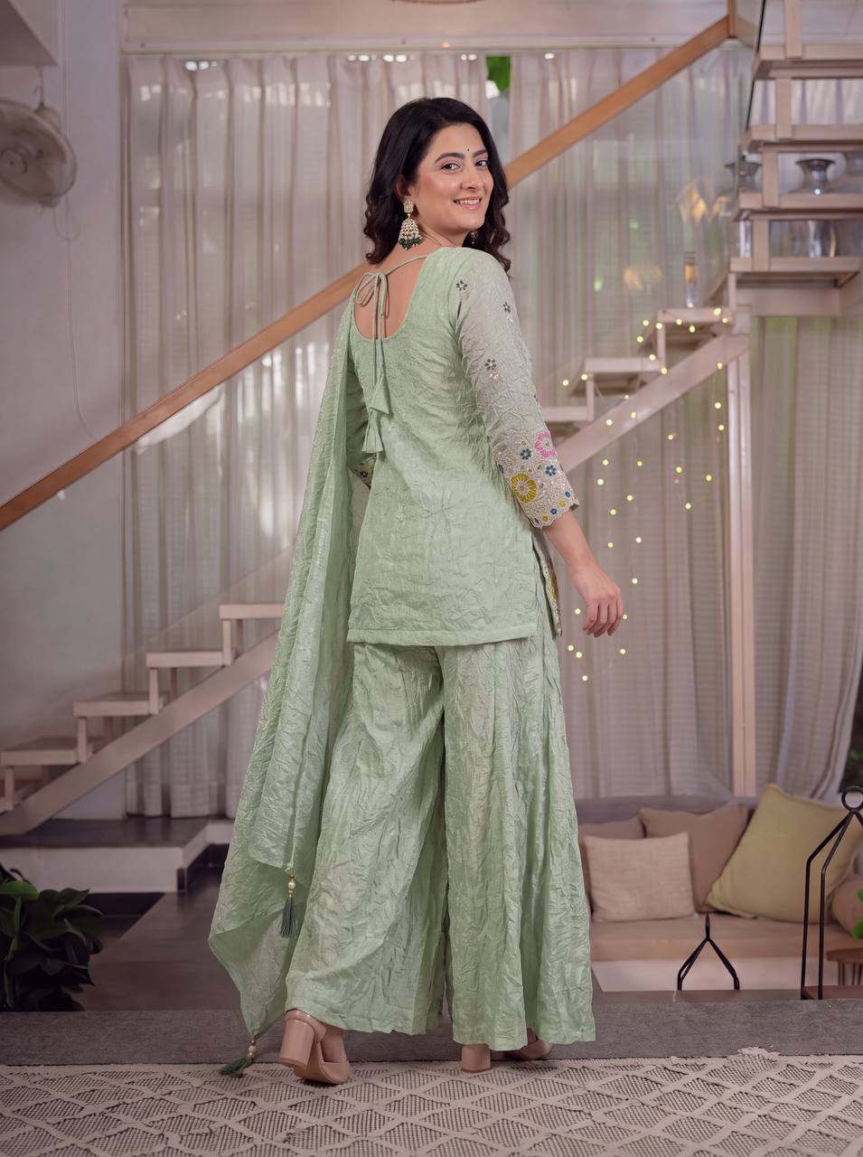 Party Wear Light Green Color Sequin Embroidered Sharara Palazzo Set