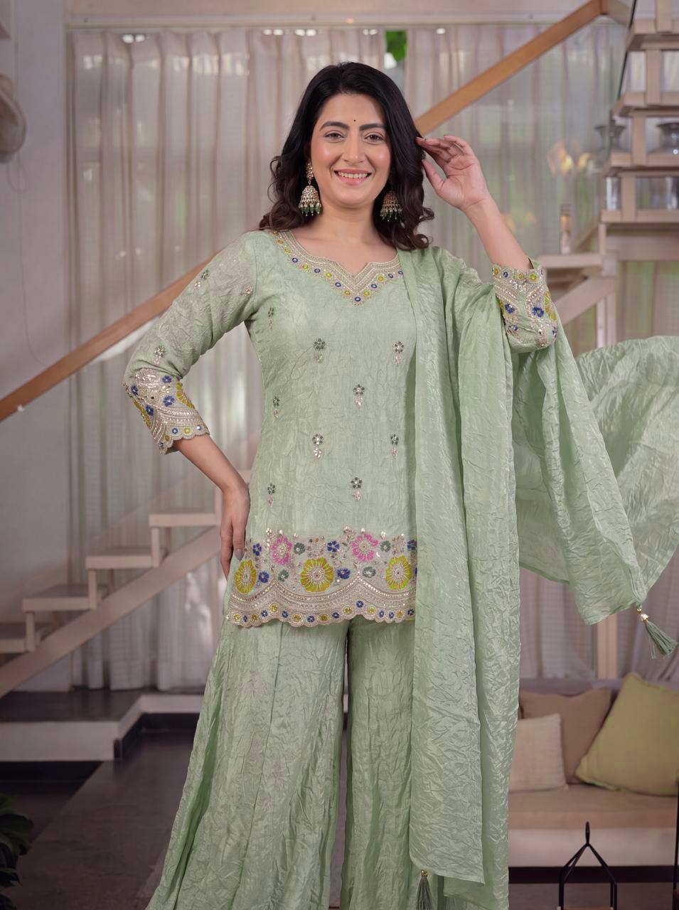Party Wear Light Green Color Sequin Embroidered Sharara Palazzo Set