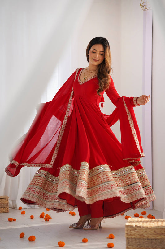 Designer Red Color Vichitra Silk Arti Chauhan Wear Anarkali Gown