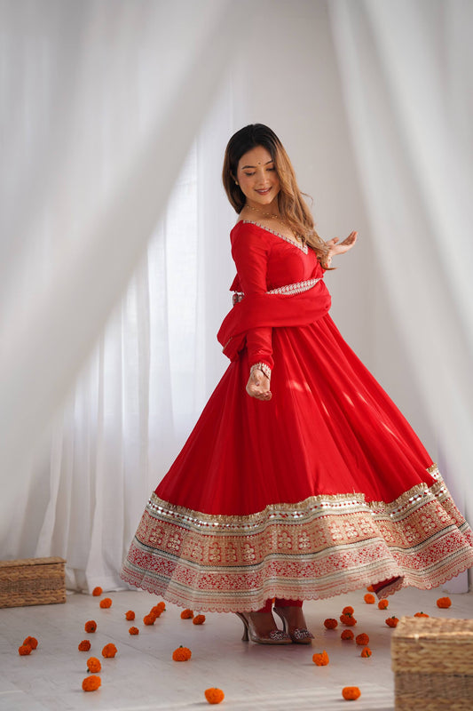 Designer Red Color Vichitra Silk Arti Chauhan Wear Anarkali Gown